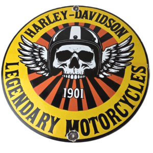 Vintage Harley-Davidson Legendary Porcelain Sign - Skull Wings Helmet Sign