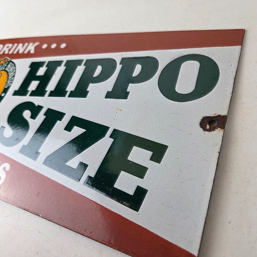 Vintage Hippo Size Porcelain - Gas Pump Drink Big Bottles Soda Beverage Sign - Image 12