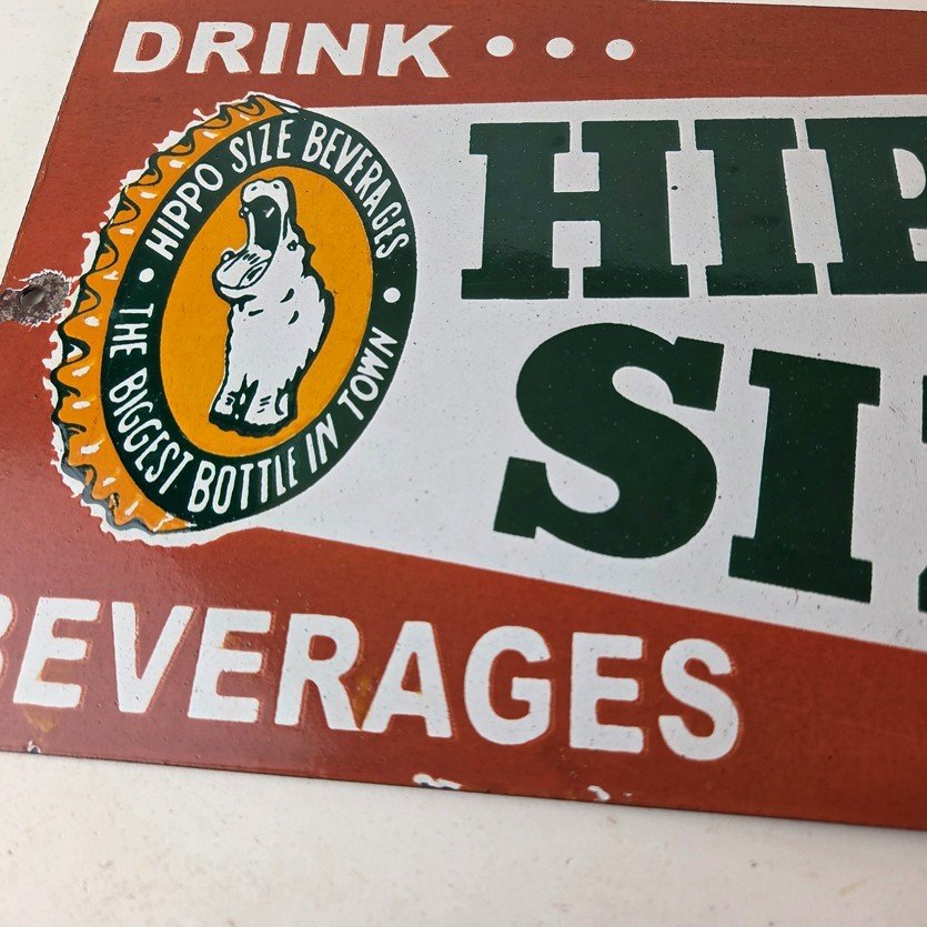 Vintage Hippo Size Porcelain - Gas Pump Drink Big Bottles Soda Beverage Sign - Image 3