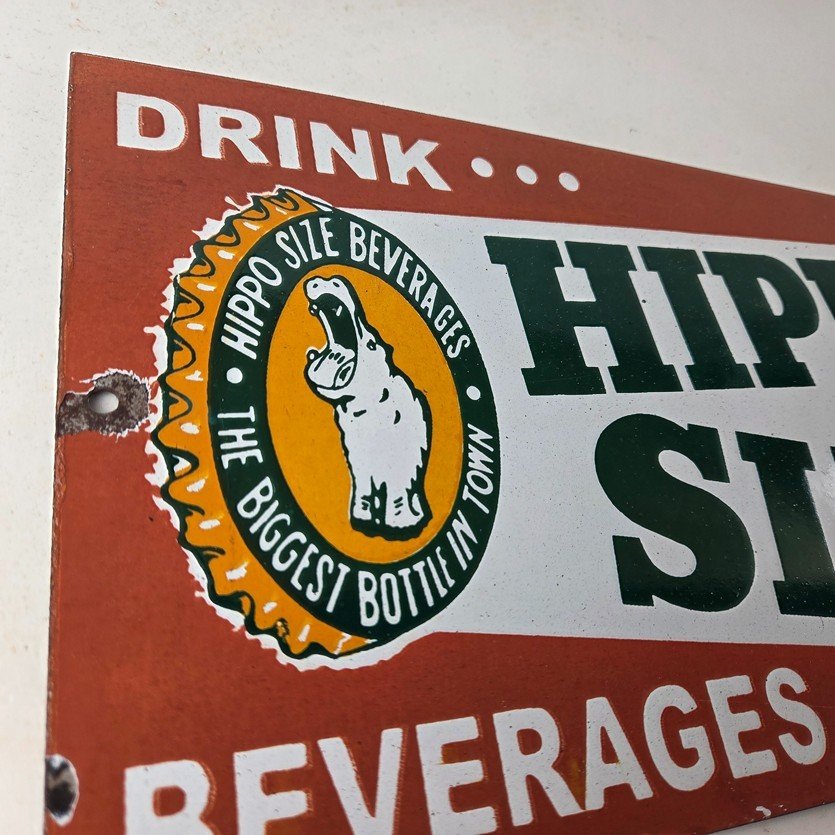 Vintage Hippo Size Porcelain - Gas Pump Drink Big Bottles Soda Beverage Sign - Image 5