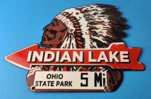 Vintage Indian Lake Sign State Park Gas Motor Oil Pump Porcelain Indian Sign 305876661964