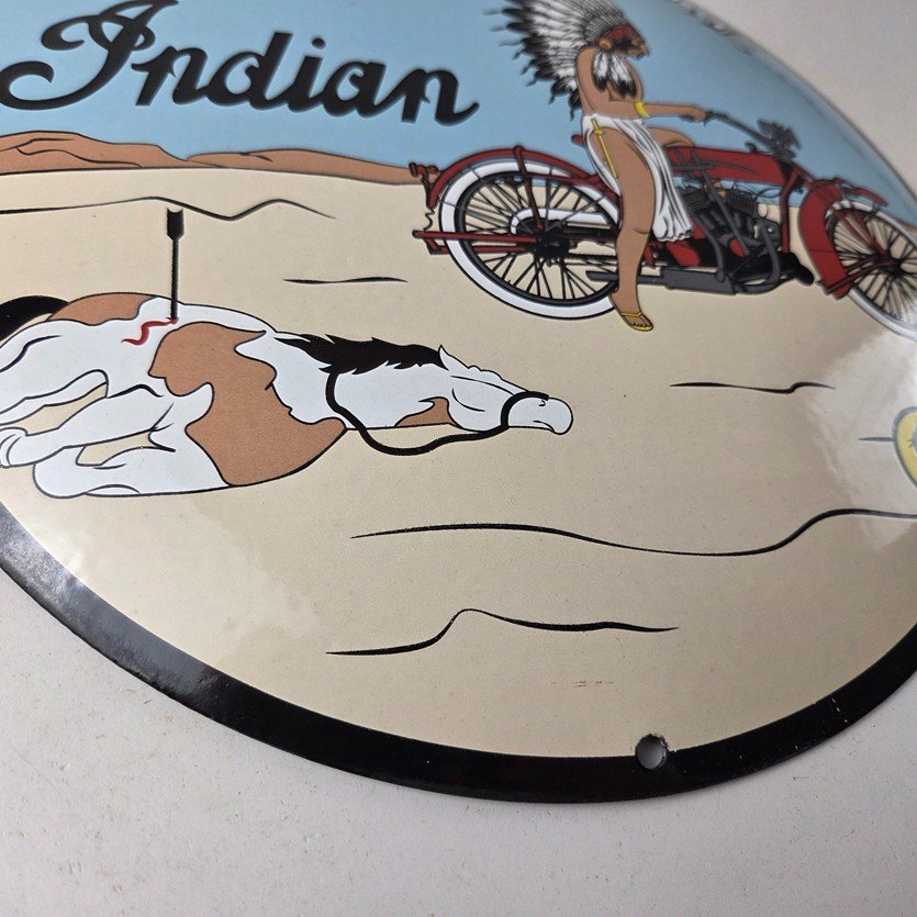 Vintage Indian Motorcycles Sign - Porcelain Chief Horse Convex Button Gas Sign - Image 11