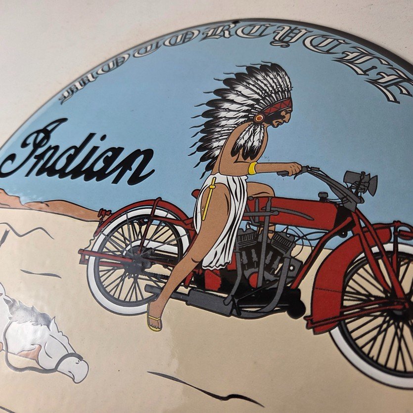Vintage Indian Motorcycles Sign - Porcelain Chief Horse Convex Button Gas Sign - Image 12
