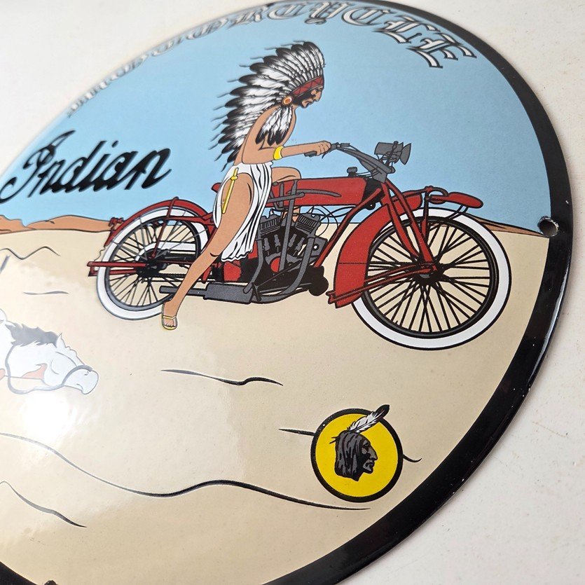 Vintage Indian Motorcycles Sign - Porcelain Chief Horse Convex Button Gas Sign - Image 13