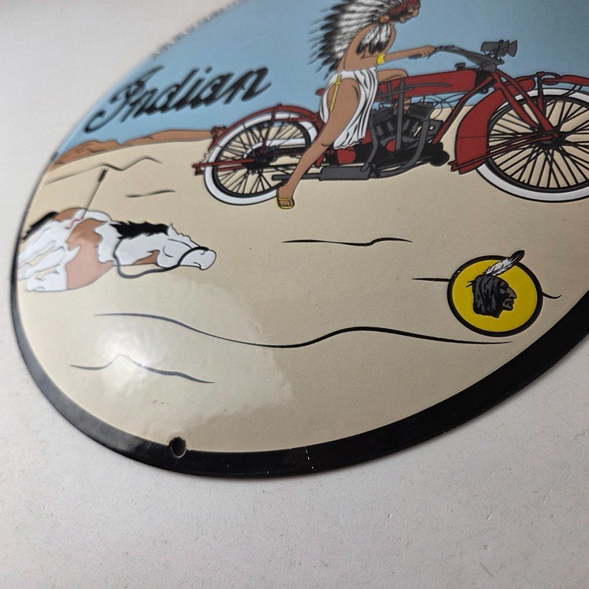 Vintage Indian Motorcycles Sign - Porcelain Chief Horse Convex Button Gas Sign - Image 14
