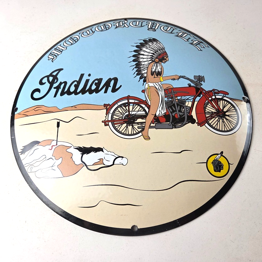 Vintage Indian Motorcycles Sign - Porcelain Chief Horse Convex Button Gas Sign - Image 15