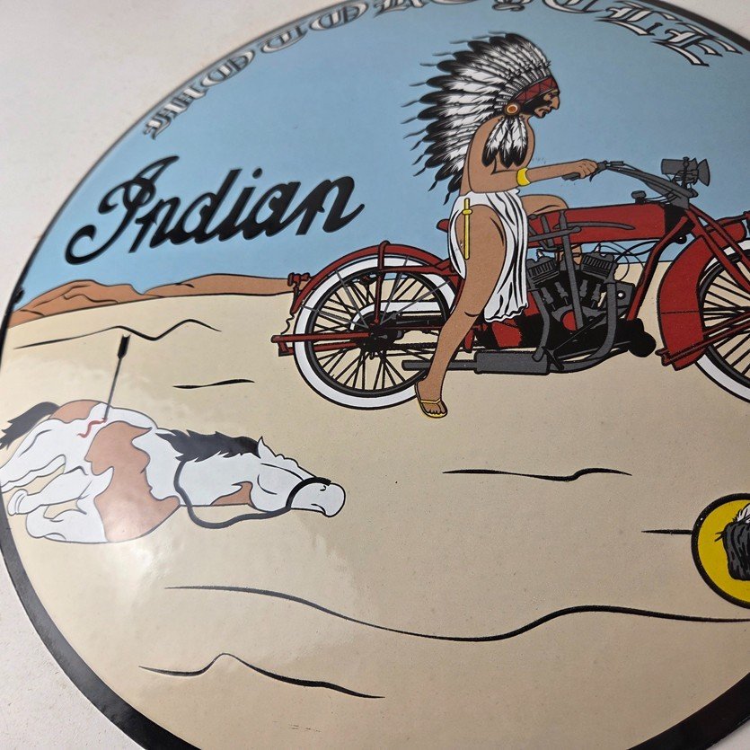 Vintage Indian Motorcycles Sign - Porcelain Chief Horse Convex Button Gas Sign - Image 4