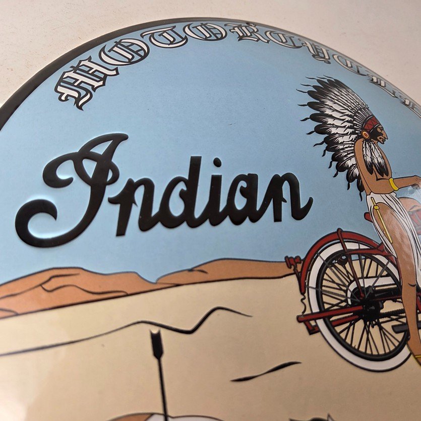 Vintage Indian Motorcycles Sign - Porcelain Chief Horse Convex Button Gas Sign - Image 5