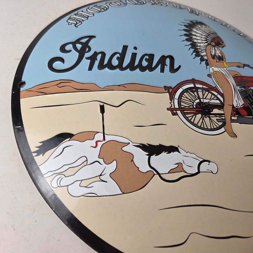 Vintage Indian Motorcycles Sign - Porcelain Chief Horse Convex Button Gas Sign - Image 6