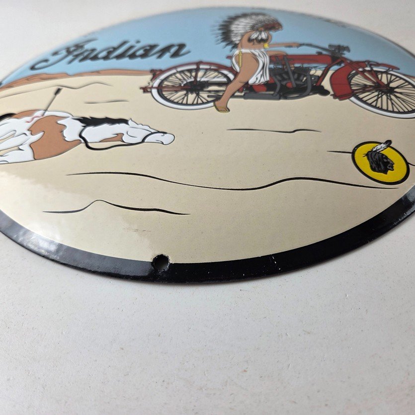 Vintage Indian Motorcycles Sign - Porcelain Chief Horse Convex Button Gas Sign - Image 10