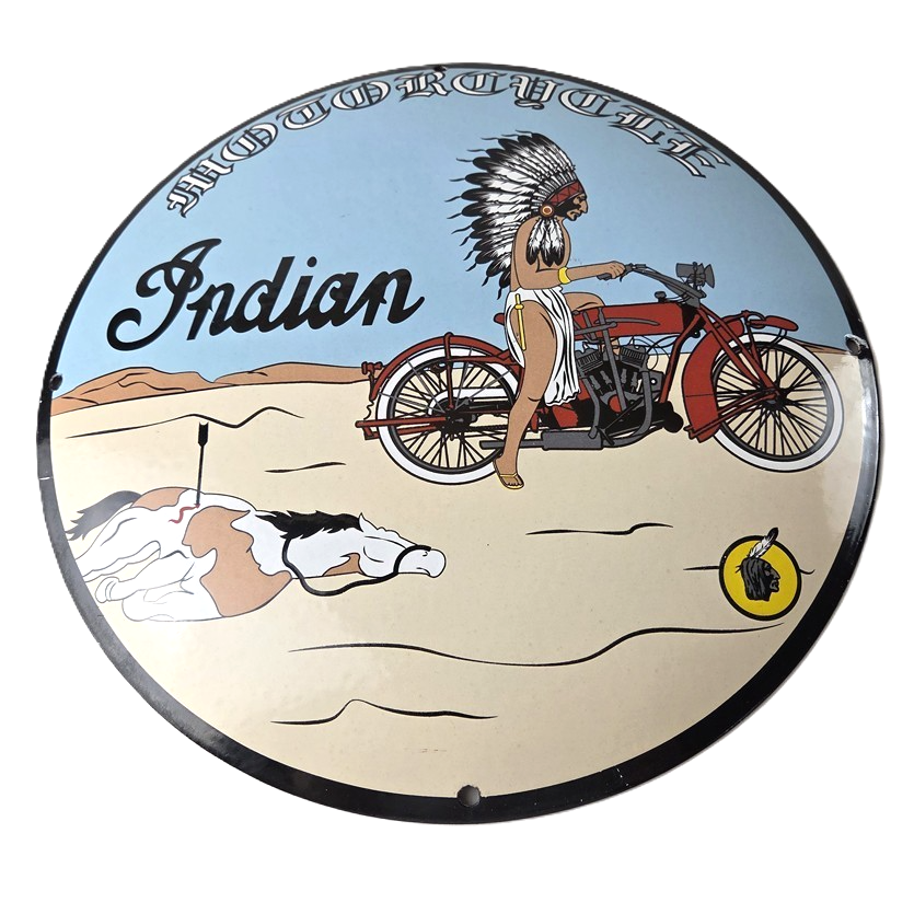 Vintage Indian Motorcycles Sign - Porcelain Chief Horse Convex Button Gas Sign