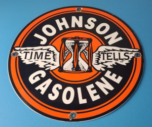 Vintage Johnson Gasoline Sign Time Tells Gas Motor Oil Pump Porcelain Sign 305852952954