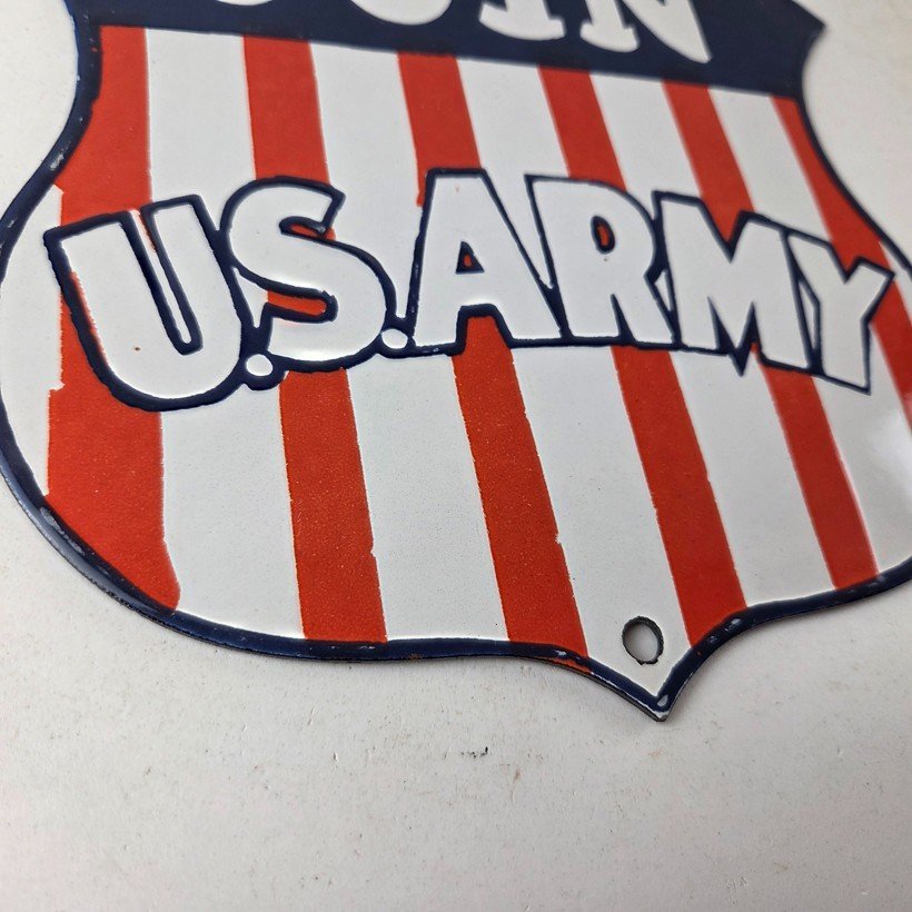 Vintage Join US Army Sign - Gas Pump American Shield Porcelain Sign - Image 11