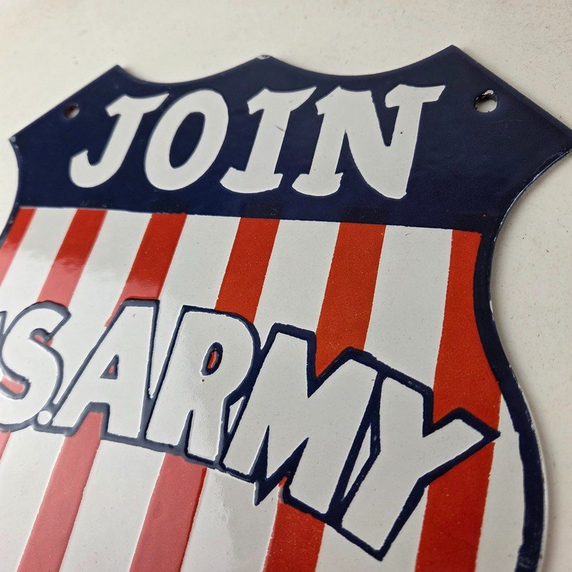 Vintage Join US Army Sign - Gas Pump American Shield Porcelain Sign - Image 12