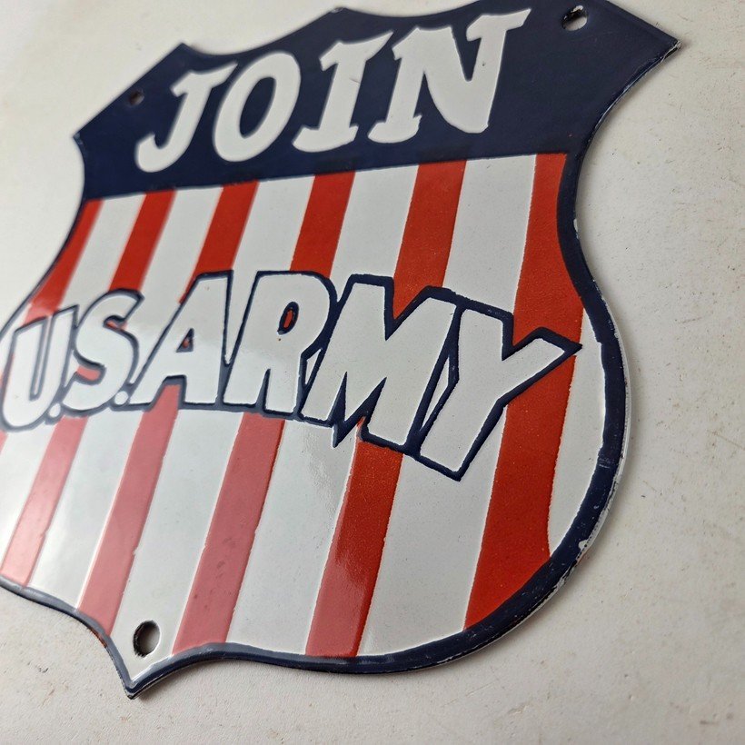Vintage Join US Army Sign - Gas Pump American Shield Porcelain Sign - Image 13