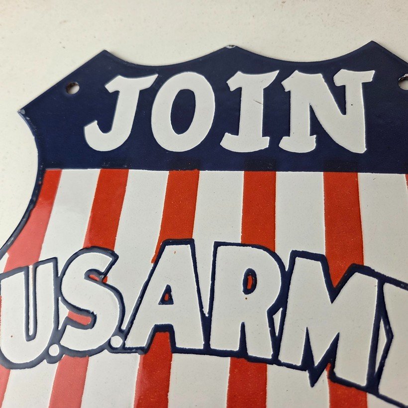 Vintage Join US Army Sign - Gas Pump American Shield Porcelain Sign - Image 3