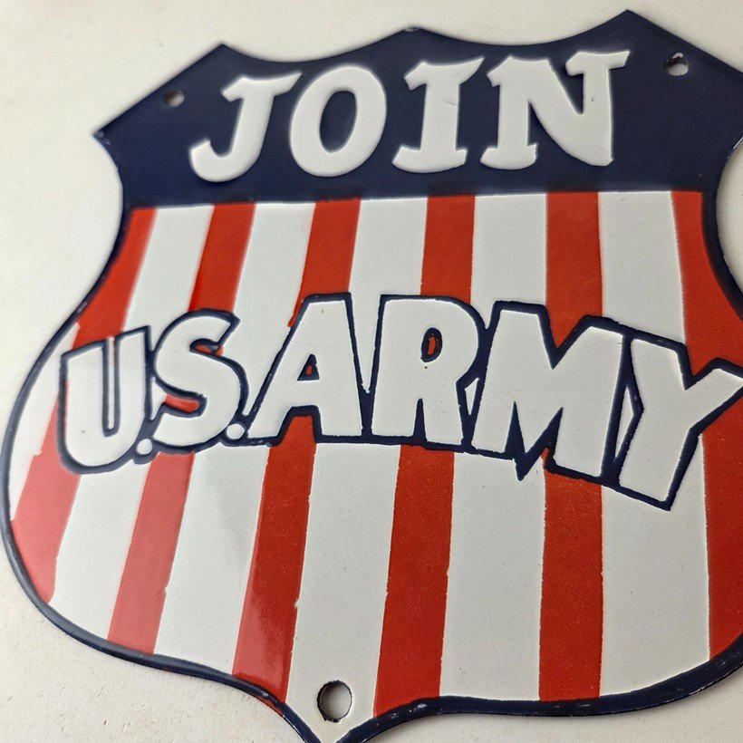 Vintage Join US Army Sign - Gas Pump American Shield Porcelain Sign - Image 4