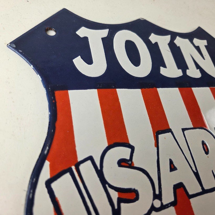 Vintage Join US Army Sign - Gas Pump American Shield Porcelain Sign - Image 5