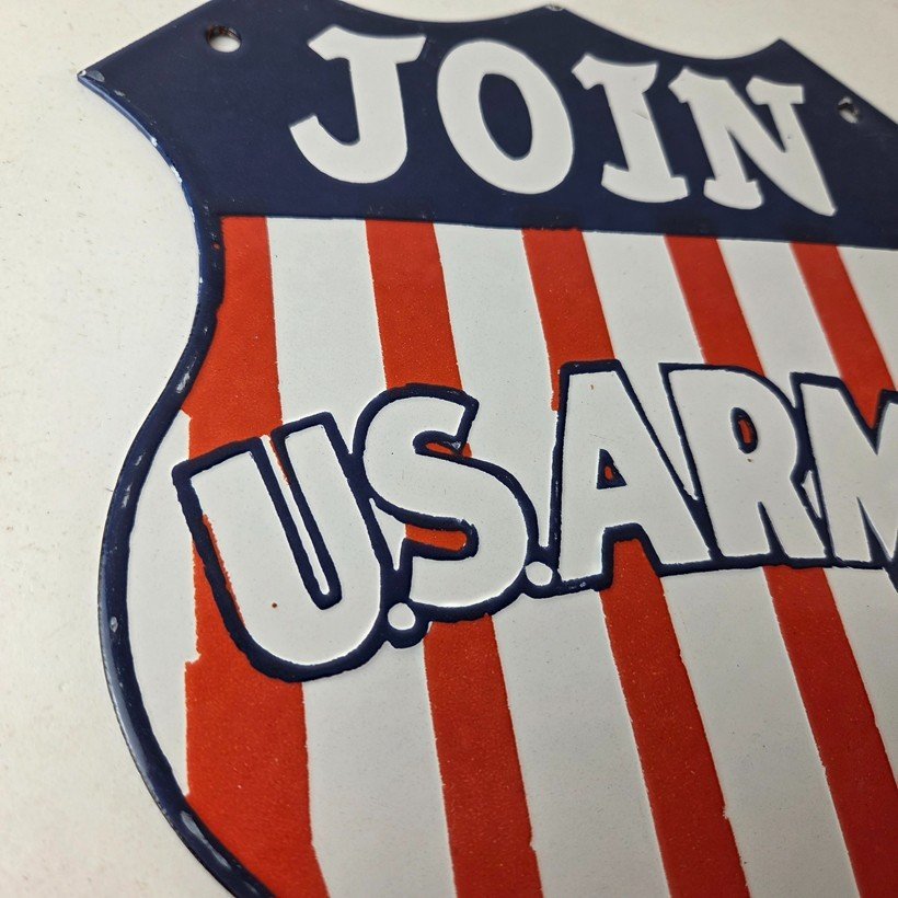 Vintage Join US Army Sign - Gas Pump American Shield Porcelain Sign - Image 6