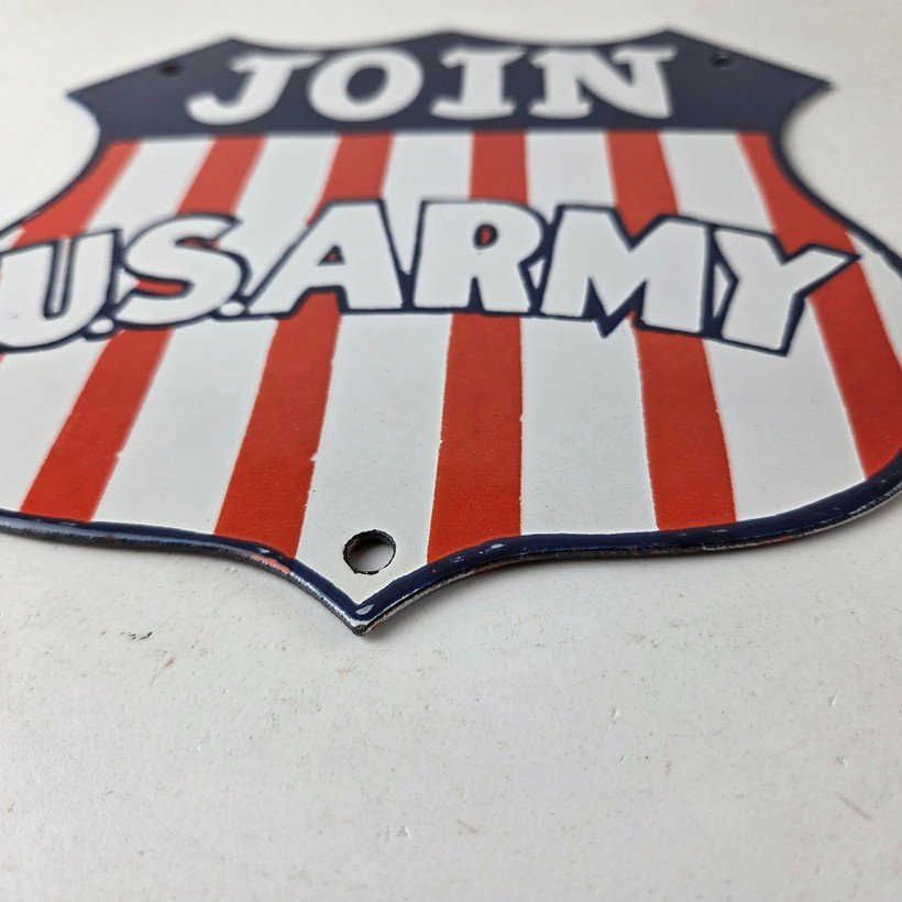 Vintage Join US Army Sign - Gas Pump American Shield Porcelain Sign - Image 10