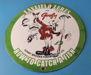 Vintage Layfield Sign Fishing Lures Sign Goofy Gas Service Pump Plate Sign 305862984604