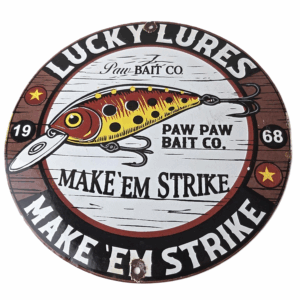 Vintage Lucky Lures Sign - Fishing Paw Paw Co Ad Gas Pump Porcelain Sign