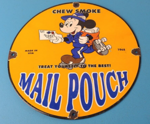 Vintage Mail Pouch Sign Mickey Mouse Tobacco Chew Gas Pump Porcelain Sign 306197301004