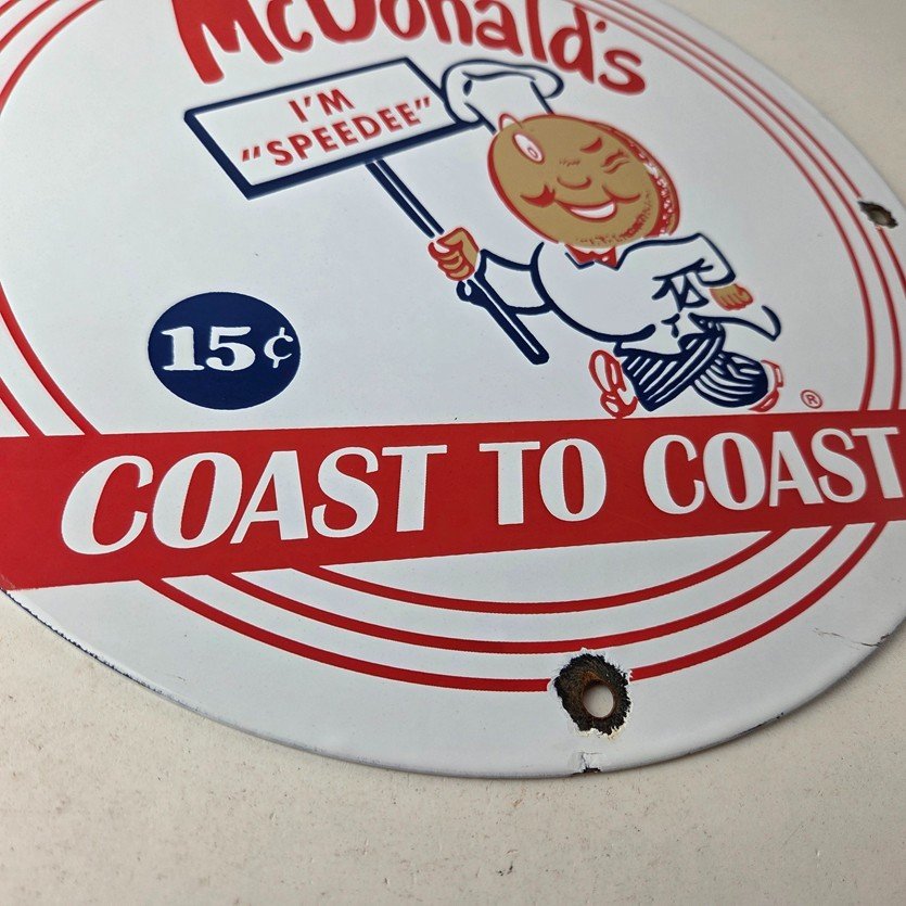 Vintage McDonalds Fast Food Porcelain - Burgers SpeeDee Drive Thru Gas Pump Sign - Image 11