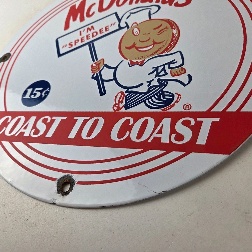 Vintage McDonalds Fast Food Porcelain - Burgers SpeeDee Drive Thru Gas Pump Sign - Image 14