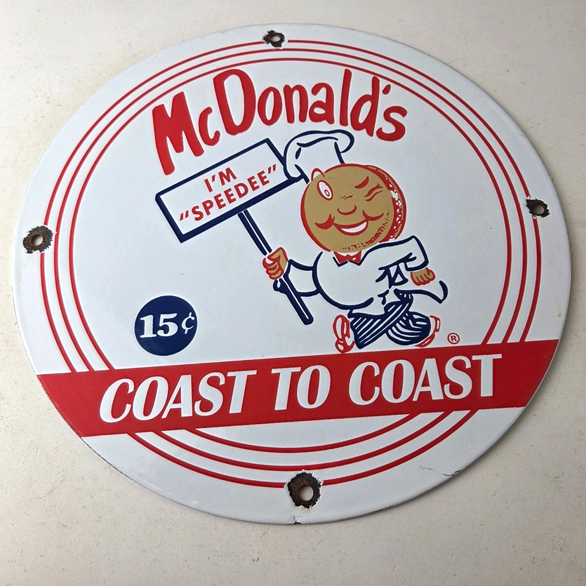 Vintage McDonalds Fast Food Porcelain - Burgers SpeeDee Drive Thru Gas Pump Sign - Image 15