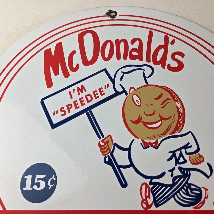 Vintage McDonalds Fast Food Porcelain - Burgers SpeeDee Drive Thru Gas Pump Sign - Image 3