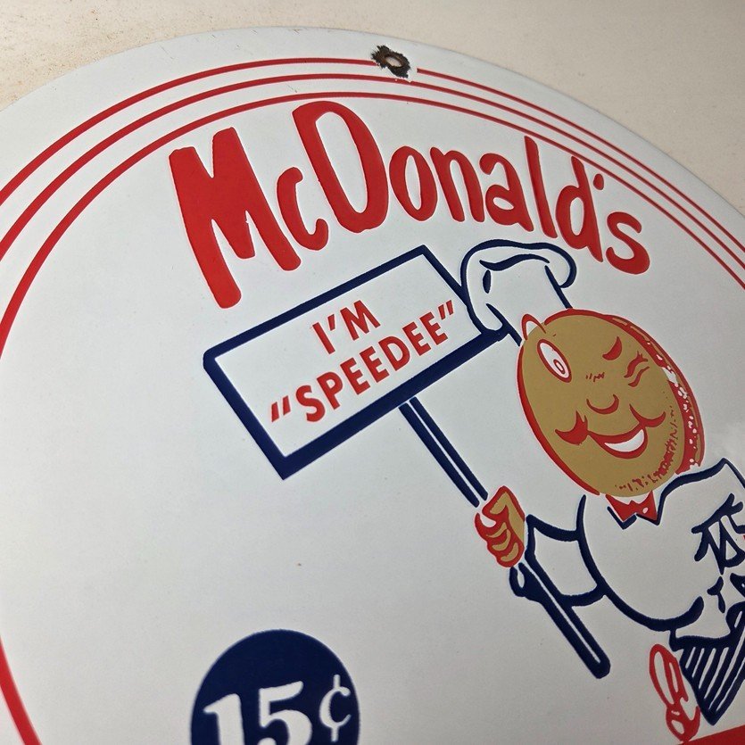 Vintage McDonalds Fast Food Porcelain - Burgers SpeeDee Drive Thru Gas Pump Sign - Image 5