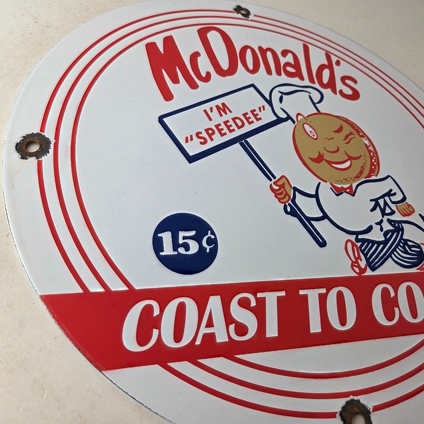 Vintage McDonalds Fast Food Porcelain - Burgers SpeeDee Drive Thru Gas Pump Sign - Image 6