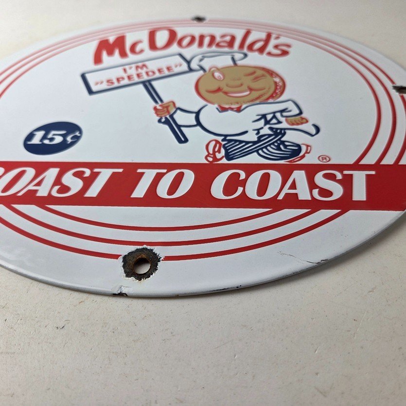 Vintage McDonalds Fast Food Porcelain - Burgers SpeeDee Drive Thru Gas Pump Sign - Image 10