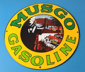 Vintage Musgo Gasoline Sign Gas Oil Pump American Indian Chief Porcelain Sign 305868068274