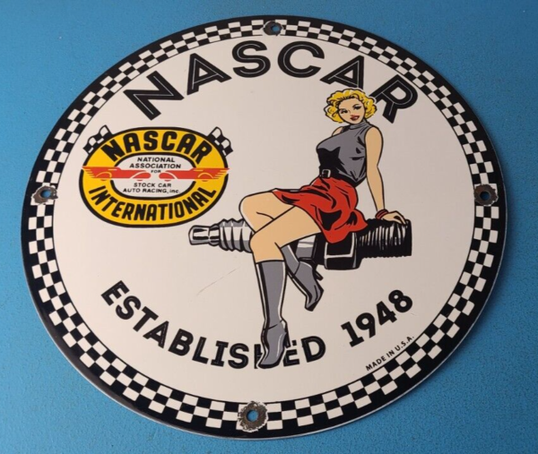 Vintage Nascar Sign Spark Plug Pin Gas Pump Porcelain Sign 305764221284