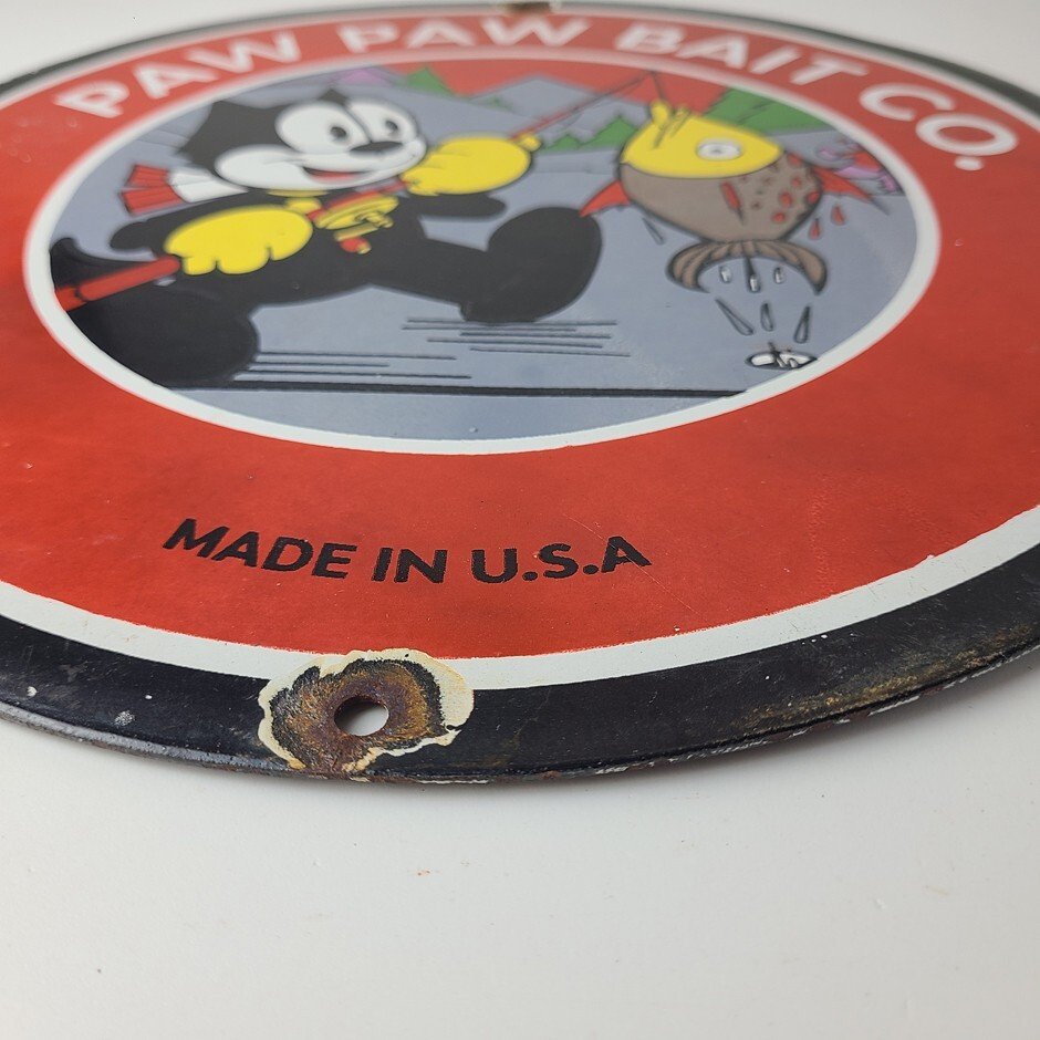Vintage Paw Paw Bait Fishing Sign - Felix Cat Pump Plate Gas Service Sign - Image 11