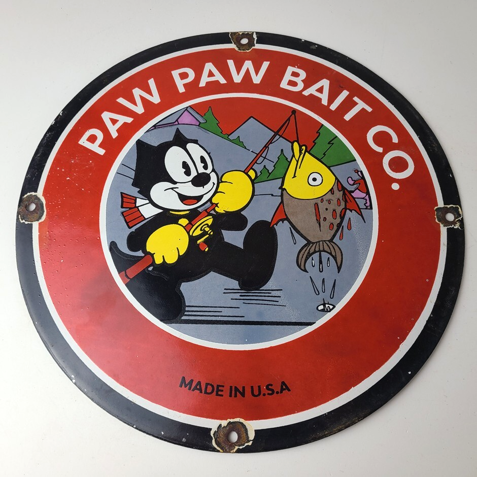 Vintage Paw Paw Bait Fishing Sign - Felix Cat Pump Plate Gas Service Sign - Image 12