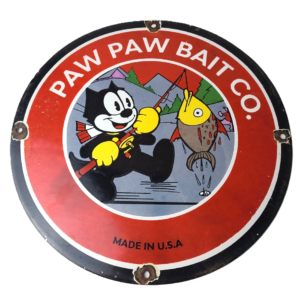 Vintage Paw Paw Bait Fishing Sign - Felix Cat Pump Plate Gas Service Sign
