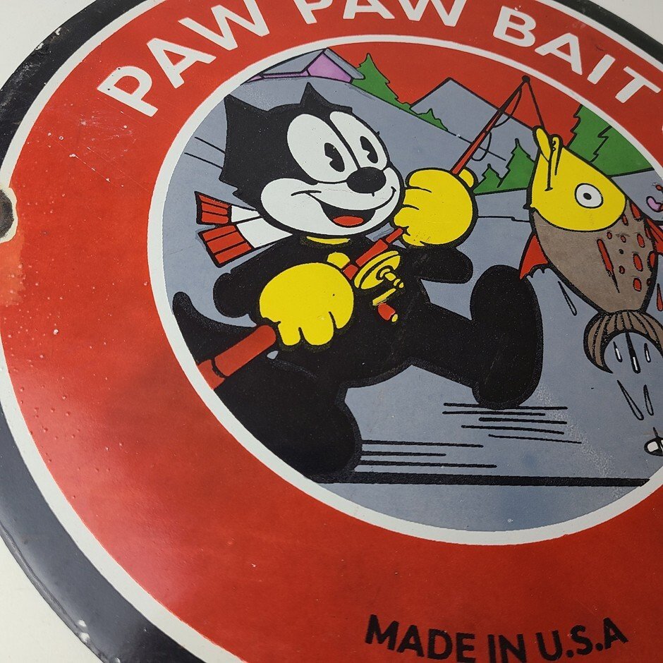 Vintage Paw Paw Bait Fishing Sign - Felix Cat Pump Plate Gas Service Sign - Image 6
