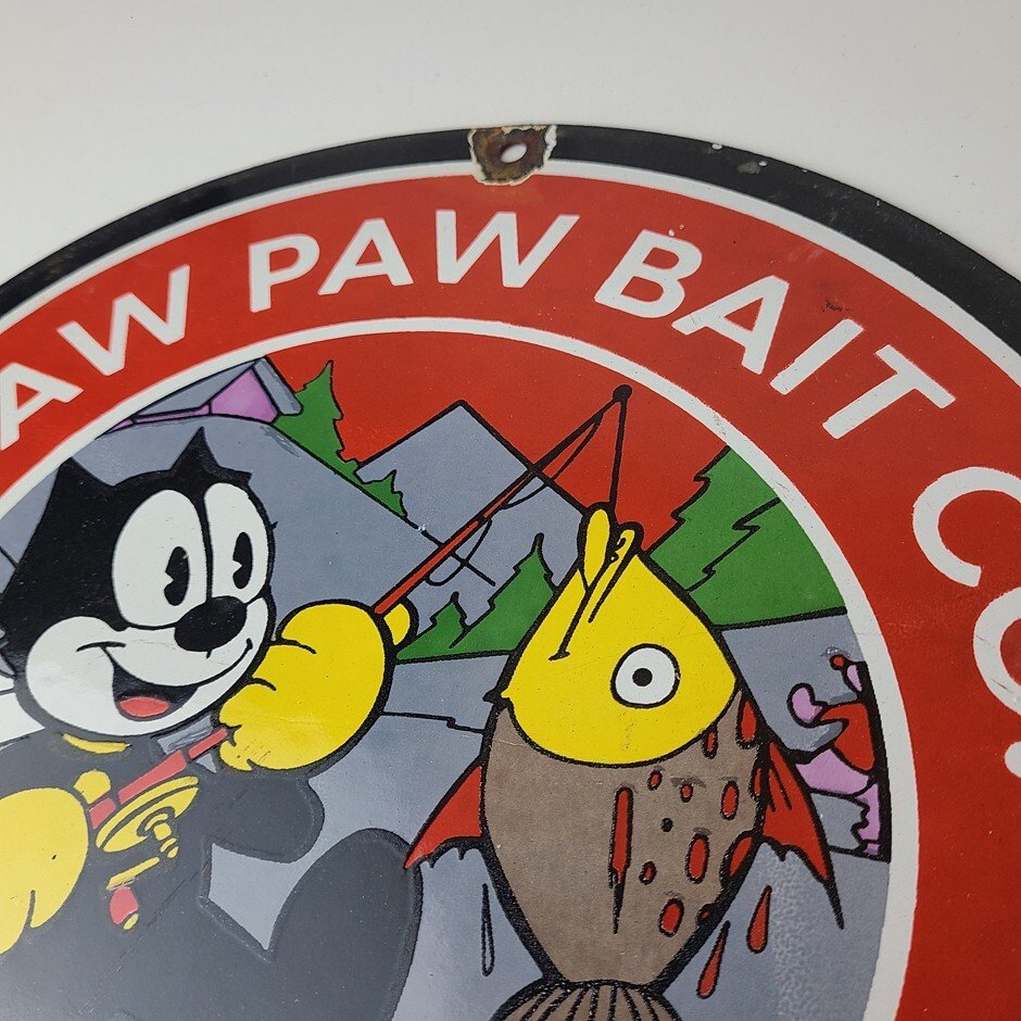 Vintage Paw Paw Bait Fishing Sign - Felix Cat Pump Plate Gas Service Sign - Image 8