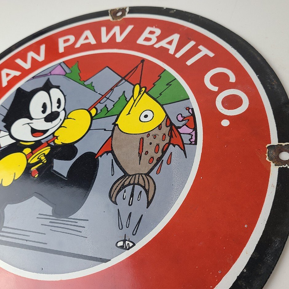 Vintage Paw Paw Bait Fishing Sign - Felix Cat Pump Plate Gas Service Sign - Image 9