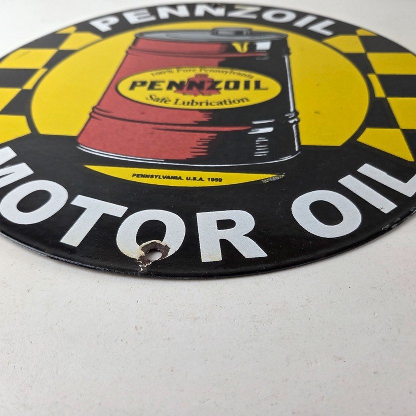 Vintage Pennzoil Porcelain Sign - Motor Oil Drum Can Lubrication Porcelain Sign - Image 12