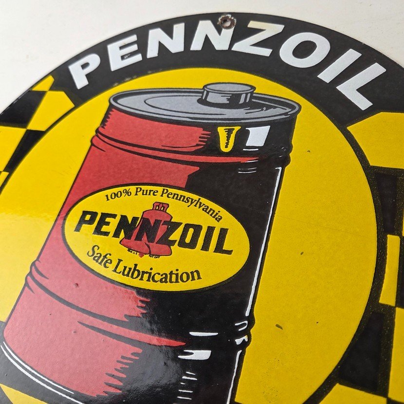 Vintage Pennzoil Porcelain Sign - Motor Oil Drum Can Lubrication Porcelain Sign - Image 9