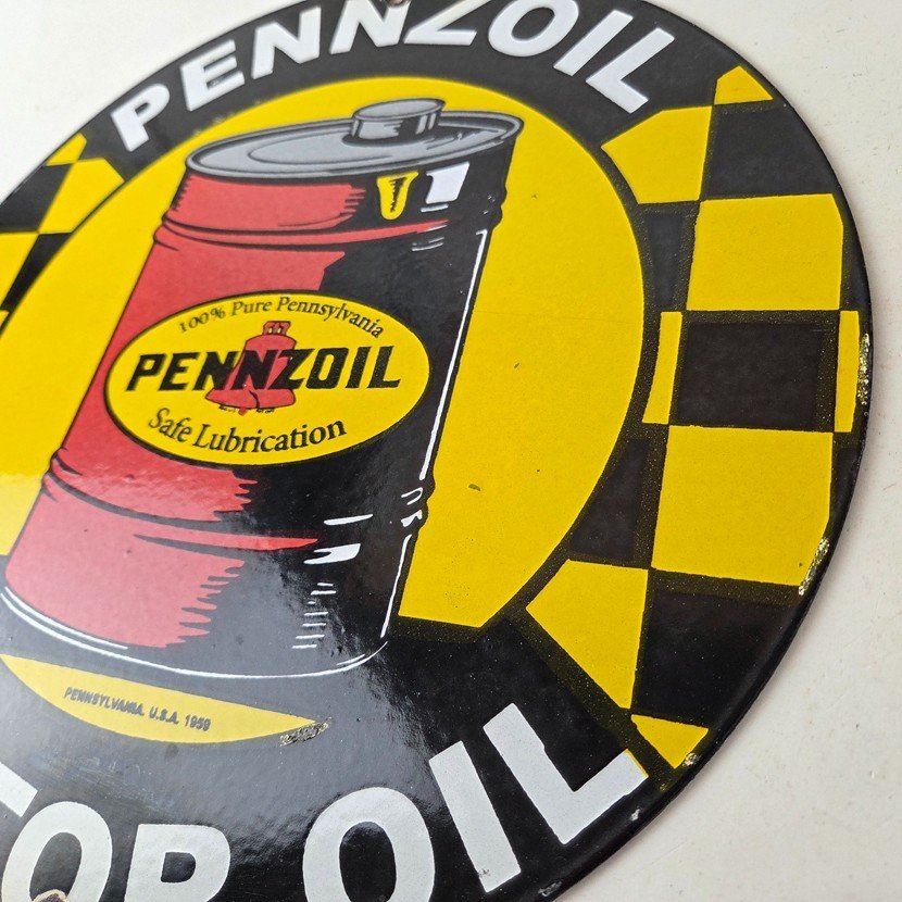 Vintage Pennzoil Porcelain Sign - Motor Oil Drum Can Lubrication Porcelain Sign - Image 10