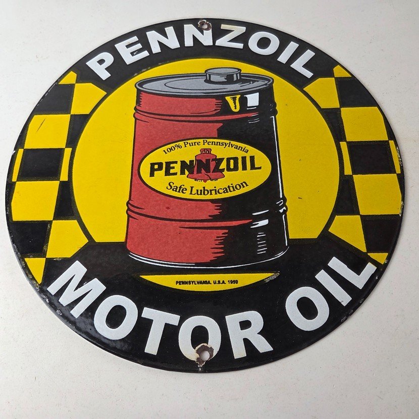 Vintage Pennzoil Porcelain Sign - Motor Oil Drum Can Lubrication Porcelain Sign