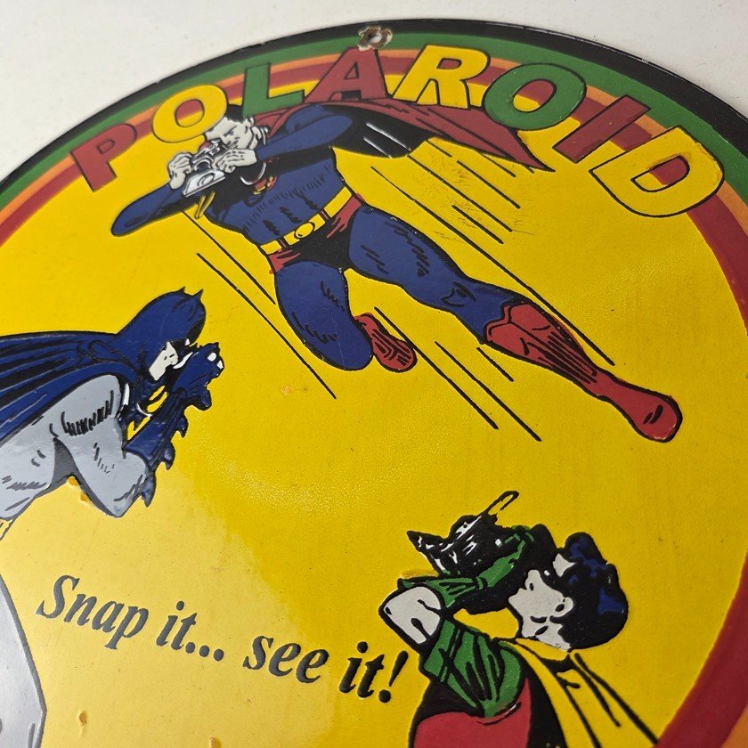 Vintage Polaroid Camera Sign - Photos Superman Batman Gas Pump Porcelain Sign - Image 12