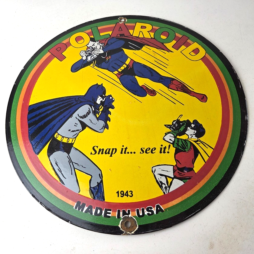 Vintage Polaroid Camera Sign - Photos Superman Batman Gas Pump Porcelain Sign - Image 15