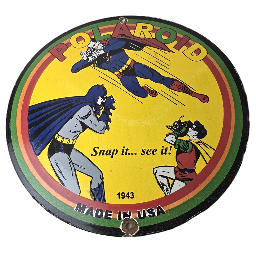 Vintage Polaroid Camera Sign - Photos Superman Batman Gas Pump Porcelain Sign