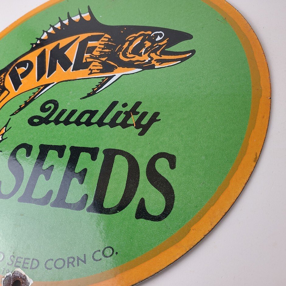 Vintage Porcelain Sign - Pike Quality Seeds Gas Service Pump Sign - Image 9